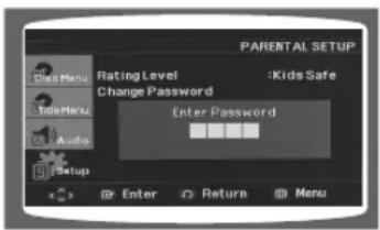 PARENTAL SETUP Edit Menu Rating Level Change Password Kids Safe TeleMenu Audio Enter Password Setup Enter Return Menu