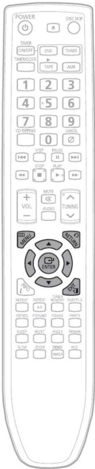 POWER DISC SKIP TIMER ON/OFF DVCD TUNER TIMER/CLOCK TAPE AUX 1 2 3 4 5 6 7 8 9 CD-RIPPING 0 CANCEL STEP PAUSE STOP PLAY VOL MUTE AUDIO TUNING MENU RETURN ENTER INFO REPEAT REPEAT TUNER MEMORY SUBTITLE A-B DSP/IEQ P.SOUND P.BASS PARTY SLEEP MOIST ANGLE REMAIN SLOW ZOOM DEMO DINER REC
