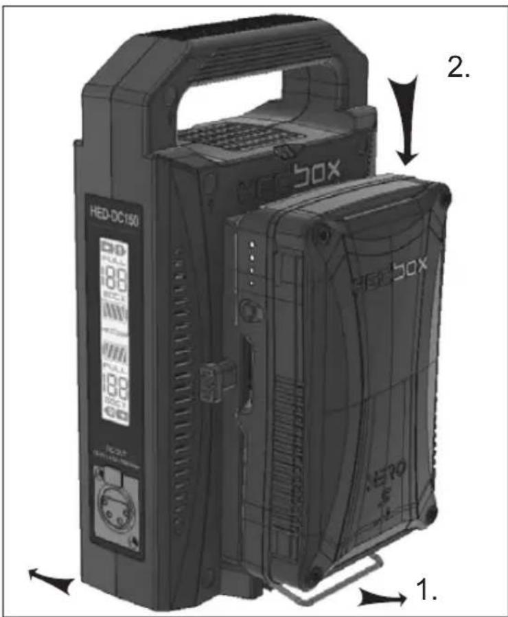 Hedbox HED-DC150 - Installation de la batterie sur le chargeur : - 1