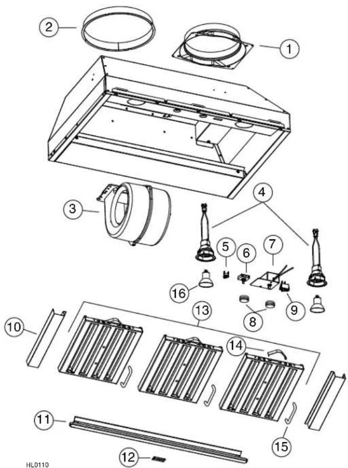 Exploded view diagram of a refrigerator with numbered parts for identification and assembly reference.