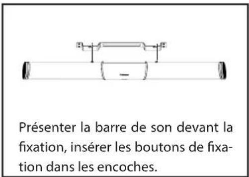 Présenter la barre de son devant la fixation, insérer les boutons de fixation dans les encoches.