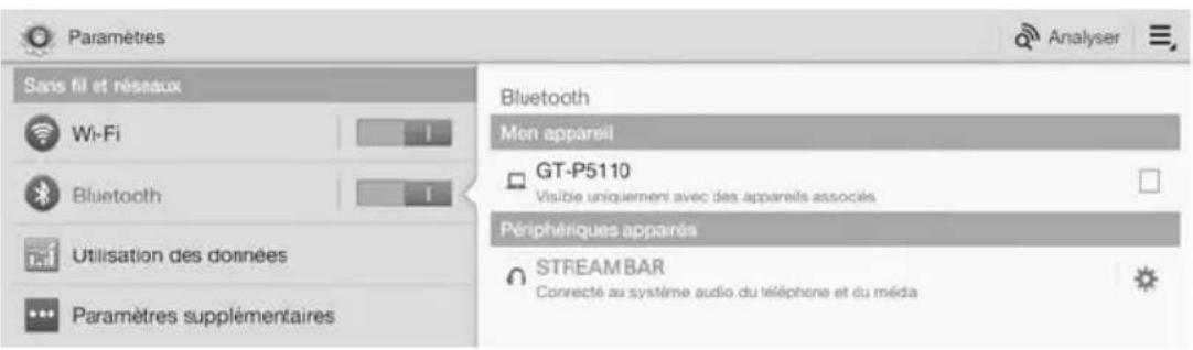 Paramètres Sans fil et réseaux Wi-Fi Bluetooth Utilisation des données Paramètres supplémentaires Bluetooth Mon appareil GT-P5110 Visible uniquement avec des appareils associés Périphériques apparés STREAM BAR Connecté au système audio du téléphone et du méda