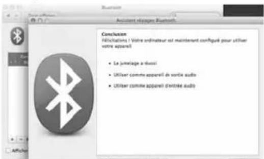 Assistant étrappes Bluetooth Conclusion FÉRÉCULATIONS ! VOTRE ORDNATEUR EST MAINTENNT CONFIGUÉ pour utiliser votre appareil • Le jumeiage a ruisssi • Utiliser comme appareil de sortie audio • Utiliser comme appareil d'entrée audio