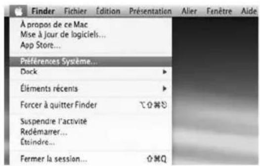 Finder Fichier Édition Présentation Aller Fenêtre Aide À propos de ce Mac Mise à Jour de logiciels... App Store... Préférences Système... Dock Éléments récents Forcer à quitter Finder Suspendre l'activité Redémarrer... Éteindre... Fermer la session...