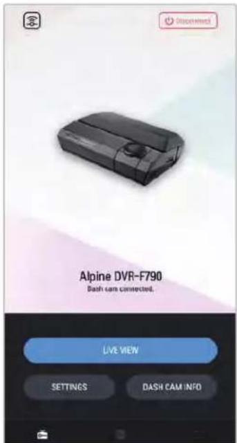 Alpine DVR-F790 Dash cam connected. LIVE VIEW SETTINGS DASH CAM INFO