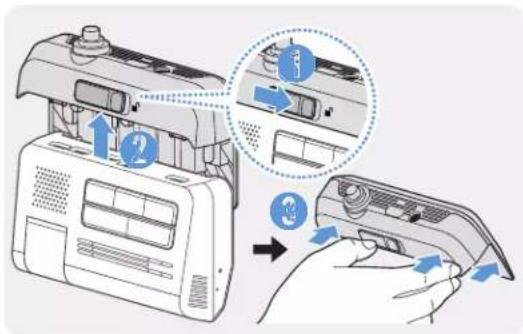 Diagram showing device component assembly with numbered parts and directional arrows indicating motion or movement