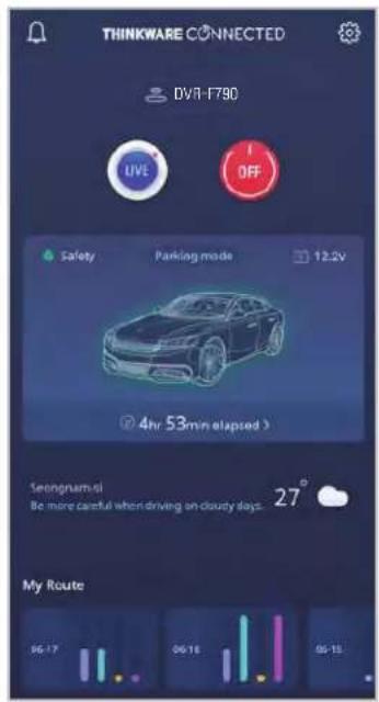 THINKWARE CONNECTED DVL-1780 LIVE OFF Safety Parking mode 12.2V 4hr 53min elapsed > Seongnum.si Be more careful when driving on cloudy days. 27° My Route 06-17 06-18 06-19