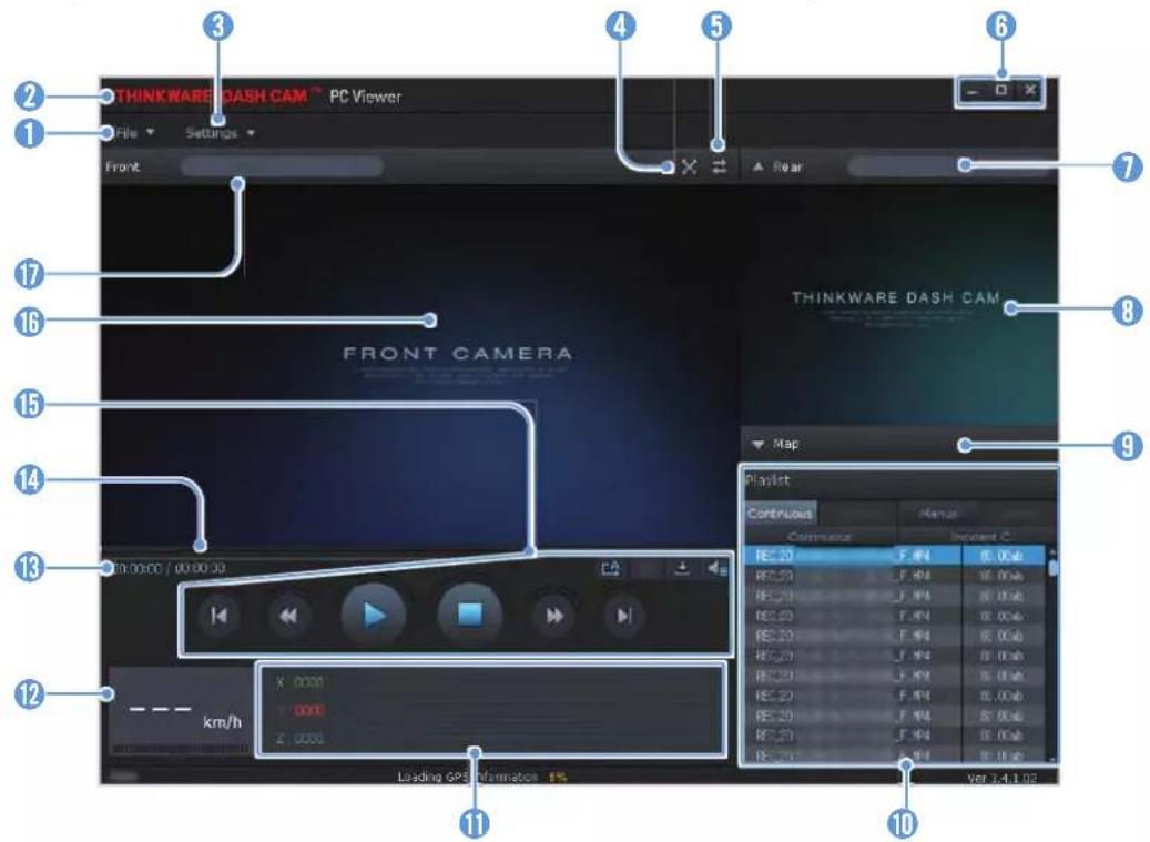 THINKWARE DASH CAM PC Viewer File Settings Front FRONT CAMERA THINKWARE DASH CAM Map Playlist Continuous Continuous F. RM 0.00ab REC 20 F. RM 0.00ab REC 21 F. RM 0.00ab REC 22 F. RM 0.00ab REC 23 F. RM 0.00ab REC 24 F. RM 0.00ab REC 25 F. RM 0.00ab REC 26 F. RM 0.00ab REC 27 F. RM 0.00ab REC 28 F. RM 0.00ab REC 29 F. RM 0.00ab REC 30 F. RM 0.00ab Leading GPS Information 5% ver 3.4.1.03