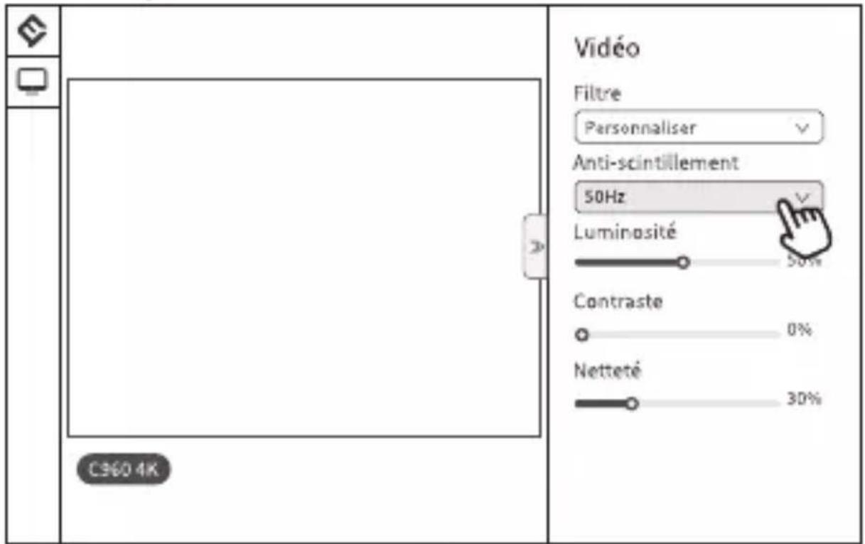 C960 4K Vidéo Filtre Personnaliser Anti-scintillement 50Hz Luminosité 50% Contraste 0% Netteté 30%