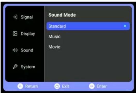 Signal Display Sound System Sound Mode Standard Music Movie Return Exit Enter