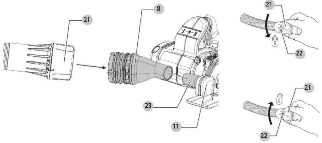 Technical diagram showing exploded view of a device with numbered parts and hand gestures for assembly or repair.