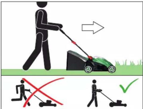 Illustration showing a person using a lawn mower to clean grass, with correct and incorrect actions indicated by crossed and checked signs.