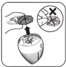 Diagram illustrating a hand holding a small object above a computer mouse, with an inset showing a close-up of the object's internal structure.