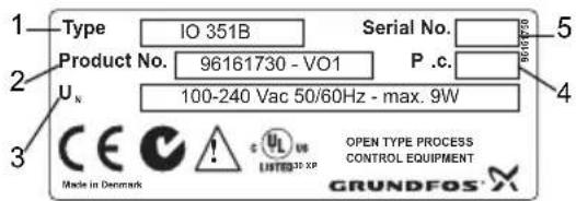 1 Type IO 351B Serial No. 2 Product No. 96161730 - VO1 P .c. 3 U_N 100-240 Vac 50/60Hz - max. 9W 4 5 6 7 8 9 OPEN TYPE PROCESS CONTROL EQUIPMENT GRUNDFOS X Made in Denmark