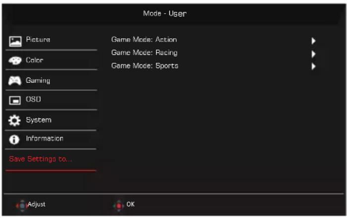 ACER X34V - Enregistrer le réglage vers...(Mode Utilisateur seulement) - 1