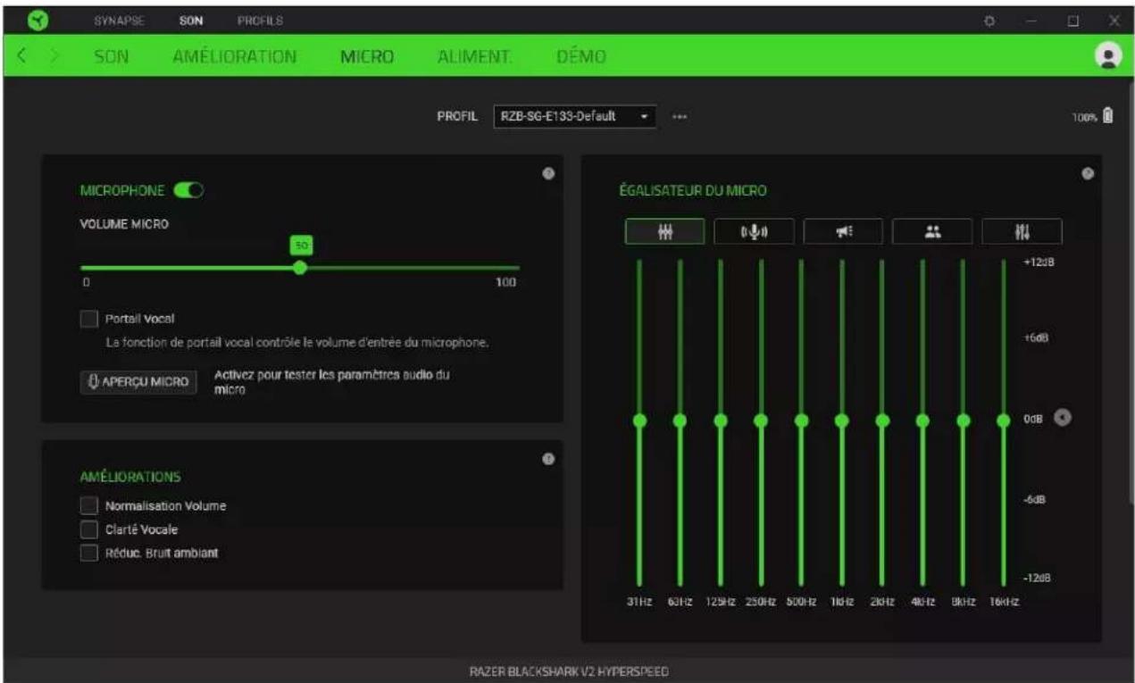 SYNAPSE SON PROFILS SON AMÉLIORATION MICRO ALIMENT. DÉMO PROFIL RZB-SG-E133-Default 100% MICROPHONE VOLUME MICRO 50 0 100 Portal Vocal La fonction de portail vocal contrôle le volume d'entrée du microphone. APERÇU MICRO Activez pour tester les paramètres audio du micro ÉGALISATEUR DU MICRO +12dB +6dB 0dB -6dB -12dB 31Hz 63Hz 125Hz 250Hz 500Hz 100Hz 200Hz 400Hz 900Hz 160Hz AMÉLIORATIONS Normalisation Volume Clarté Vocale Réduc. Bruit ambient RAZER BLACKSHARK V2 HYPERSPEED
