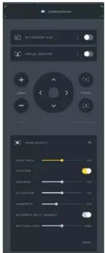 Camera preview WHITEBOARD VIEW VIRTUAL DIRECTOR Zoom Presets PHASE QUALITY SWIGHTNESS 500 VOLTAGE 100 CONTINUITY 100 GALIZATION 100 WHIPNESS 100 AUTOMATIC WHITE BALANCE 500 WHITE BALANCE 600 Reset