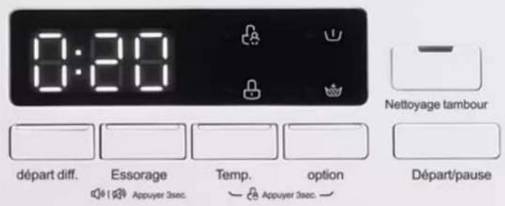 0:20 Nettoyage tambour départ diff. Essorage Temp. option Départ/pause