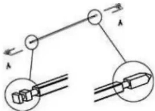Diagram showing mechanical linkage with labeled components and directional arrows, including a pulley system and two inset views of a tool or component.