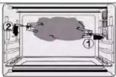 Diagram showing a device with labeled parts (① and ②) inside a laptop, likely illustrating a physical or engineering concept.