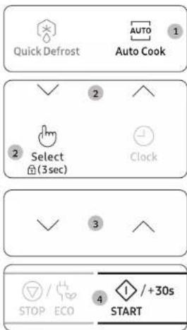 Quick Defrost AUTO Auto Cook 2 Select (3sec) Clock 3 STOP / ECO 4 / +30s START