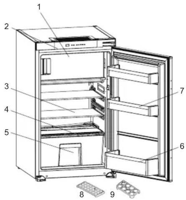 Labeled diagram of an open refrigerator showing interior compartments and exterior components