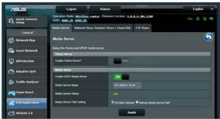ASUS Quick Internet Setup General Network Map Guest Network AIProtection Adaptive QoS Traffic Analyzer Game Boost USB Application AICloud 2.0 Logout Reboot Operation Mode: Wireless router - Firmware Version: 3.0.0.4.384.4309 SSIO: AVOS_26 AVOS_56 Media Server Network Place (Sambu) Share / Cloud Disk FTP Share Media Server Setup the iTunes and UPnP media server. iTunes Server Enable iTunes Server? OFF Media Server Enable UPnP Media Server ON Media Server Name: FT-AXE1p-3130 Media Server Status Up Media Server Path Setting All Data Shared Manual Media Server Path Apply