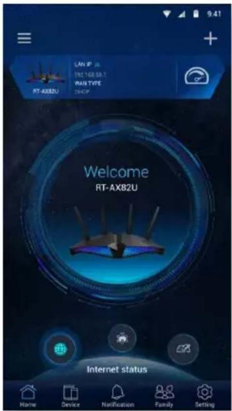 9:41 + LAN IP 36 192.168.50.7 WAN TYPE DHCP RT-AX82U Welcome RT-AX82U Internet status Home Device Notification Family Setting