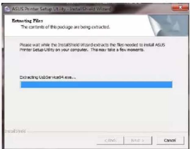 ASUS Printer Setup Utility - InstallShield Wizard Extremoting Files The contents of this package are being extracted. Please wait while the InstallShield Wizard extracts the files needed to install ASUS Printer Setup Utility on your computer. This may take a few moments. Extracting UsbService04.exe... < Back Next > Cancel