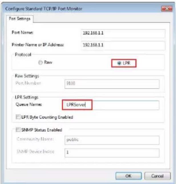 Configure Standard TCP/IP Port Monitor Port Settings Port Name: 192.168.1.1 Printer Name or IP Address: 192.168.1.1 Protocol Raw LPR Raw Settings Port Number: 9100 LPR Settings Queue Name: LPRServer LPR Byte Counting Enabled SNMP Status Enabled Community Name: public SNMP Device Index: 1 OK Cancel