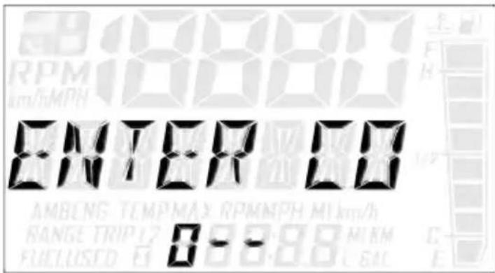 RPM km/hMPH ENTER CO 0-8.8.8.8 KM FUELUSED E1