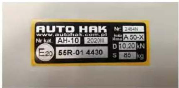 AUTO HAK www.autohak.com.pl Nr kat. AH-10 2020III E20 55R-01 4430 Nr: 2454N Masa A 50-X D 10,20 kN S 85 kg