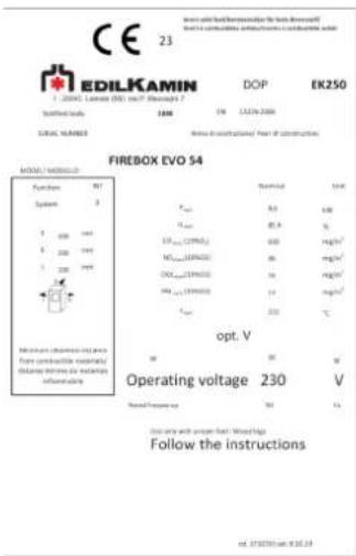 EDILKAMIN FIREBOX EVO 54 - Plaque CE : Données et emplacement - 2
