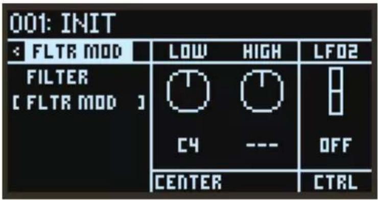 001: INIT FLTR MOD FILTER [ FLTR MOD ] LOW HIGH LFO2 C4 --- OFF CENTER CTRL