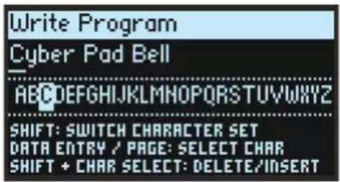 Write Program Cyber Pad Bell ABCDEFGHIJKLMNOPQRSTUVWXYZ SHIFT: SWITCH CHARACTER SET DATA ENTRY / PAGE: SELECT CHAR SHIFT + CHAR SELECT: DELETE/INSERT