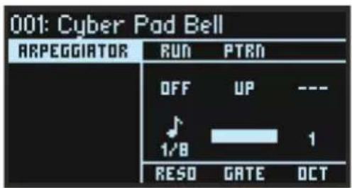 001: Cyber Pad Bell ARPEGGIATOR RUN PTRN OFF UP --- 1/8 1 RESO GATE OCT