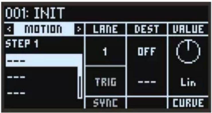 001: INIT MOTION > LANE DEST VALUE STEP 1 --- 1 OFF T --- TRIG --- Lin --- SYNC CURVE