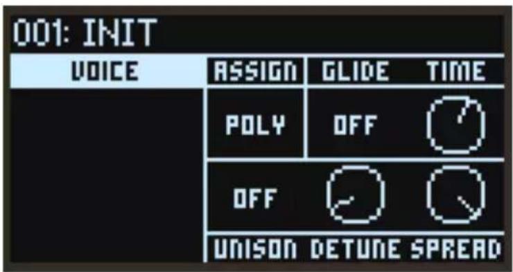 001: INIT VOICE ASSIGN GLIDE TIME POLY OFF OFF UNISON DETUNE SPREAD