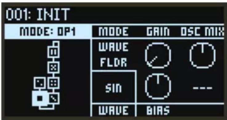 001: INIT MODE: OP1 MODE GAIN OSC MIX WAVE FLDR SIN --- WAVE BIAS