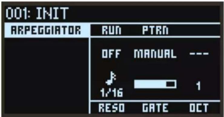 001: INIT ARPEGGIATOR RUN PTRN OFF MANUAL --- 1/16 1 RESO GATE OCT