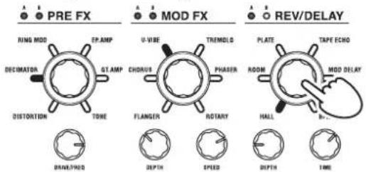 PRE FX RING MOD DECIMATOR DISTORTION TONE BRAND/MOD FP.AMP ST.AMP U-VISE CHORUS FLANGER TREMOLD PHASER ROTARY DEPTH SPEED DIMPLE CAPTURE RAD/RAD MOD FX U-VISE PHASER FLANGER ROTARY RANGE PALE ROOM HALL CAPTURE DEPTH TIME TAPE ECHO MOD DELAY REV/DELAY