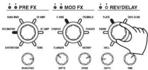 PRE FX RING MOD EP.AMP DECEIMATOR ST.AMP DISTORTION TONE DRIVEFRED U-VIBE TREMOLD CHORUS PHASER FLANGER ROTARY DEPTH SPEED ROLL DEPTH TIME REV/DELAY PLATE TAPE ECHO