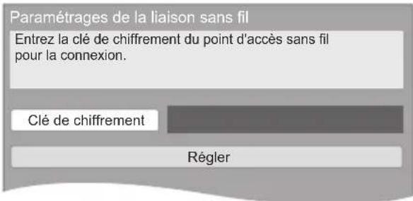 Paramétrages de la liaison sans fil Entrez la clé de chiffrement du point d'accès sans fil pour la connexion. Clé de chiffrement Régler