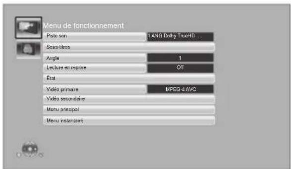 Menu de fonctionnement Pato son 1 ANG Dolby True-IC ... Sous titres Angle 1 Lecture en répenses Off Etat Video primaire MPEG 4 AWC Video secondaire Menu principal Menu instantaire