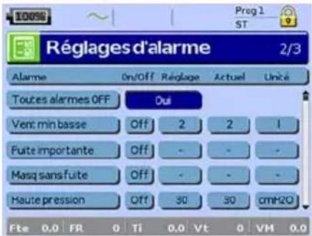 ResMed Stellar 150 - Menu Réglages : Réglages d'alarme (Volume alarme) - 1