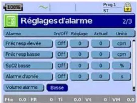 ResMed Stellar 150 - Menu Réglages : Réglages d'alarme (Volume alarme) - 2