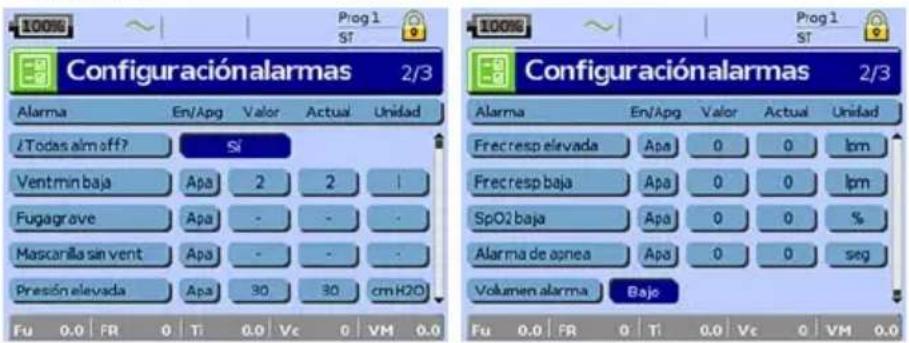 ResMed Stellar 150 - Menú Configuración: Parámetros de alarmas (volumen de alarma) - 1
