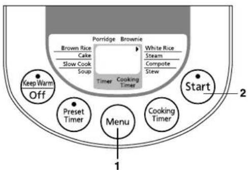 Brown Rice Cake Slow Cook Soup Porridge Brownie White Rice Steam Compute Stew Timer Cooking Timer Keep Warm Off Preset Timer Menu Cooking Timer Start 2