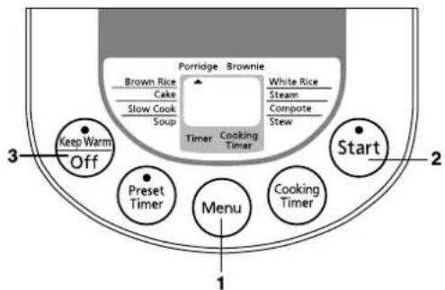 Porridge Brownie Brown Rice Cake Slow Cook Soup White Rice Steam Compute Stew Timer Cooking Timer 3 Keep Warm Off Start 2 Preset Timer Menu Cooking Timer 1
