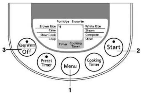 Porridge Brownie Brown Rice 4 White Rice Cake Slow Cook Soup Timer Cooking Timer Steam Compute Stew 3 Keep Warm Off Start 2 Preset Timer Menu Cooking Timer 1